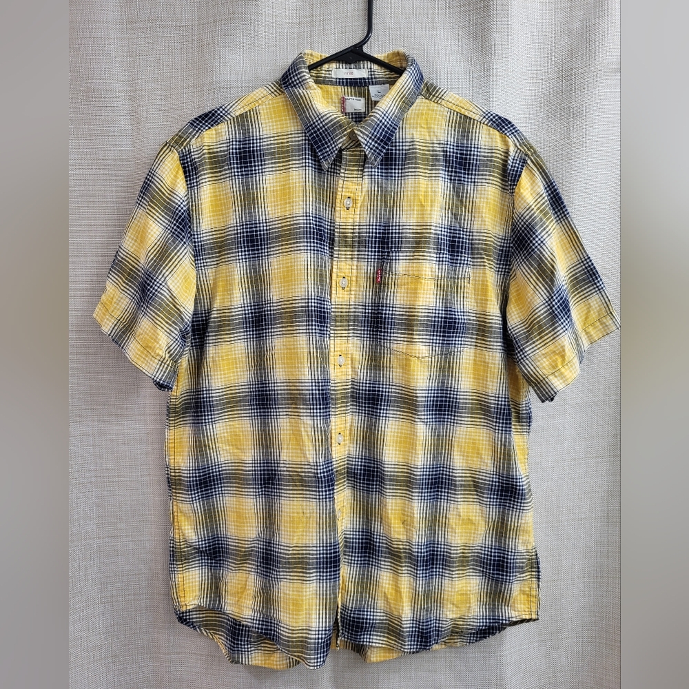 Levi's Men's Fitted Button Down‎ Plaid Shirt Yellow Navy Blue Cotton Size Large
